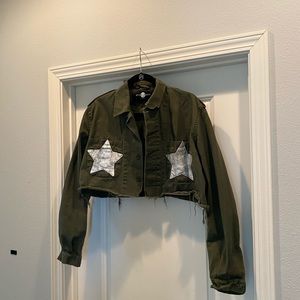 Khaki Green crop light denim jacket with silver stars, size M/L